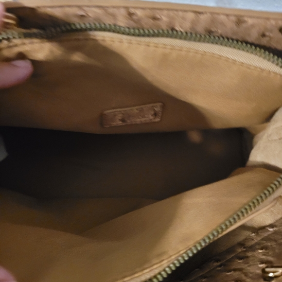 Ostrich Bow Faux Leather 3 Compartment Satchel - Camel - Picture 10 of 13